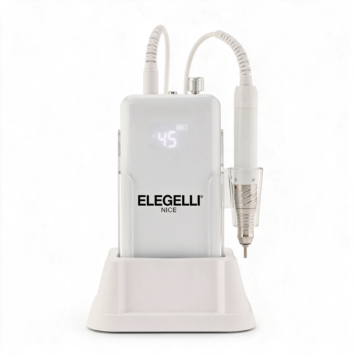 Elegelli professional cordless nail drill on its charging base, display showing 45,000 RPM, handpiece in its cradle