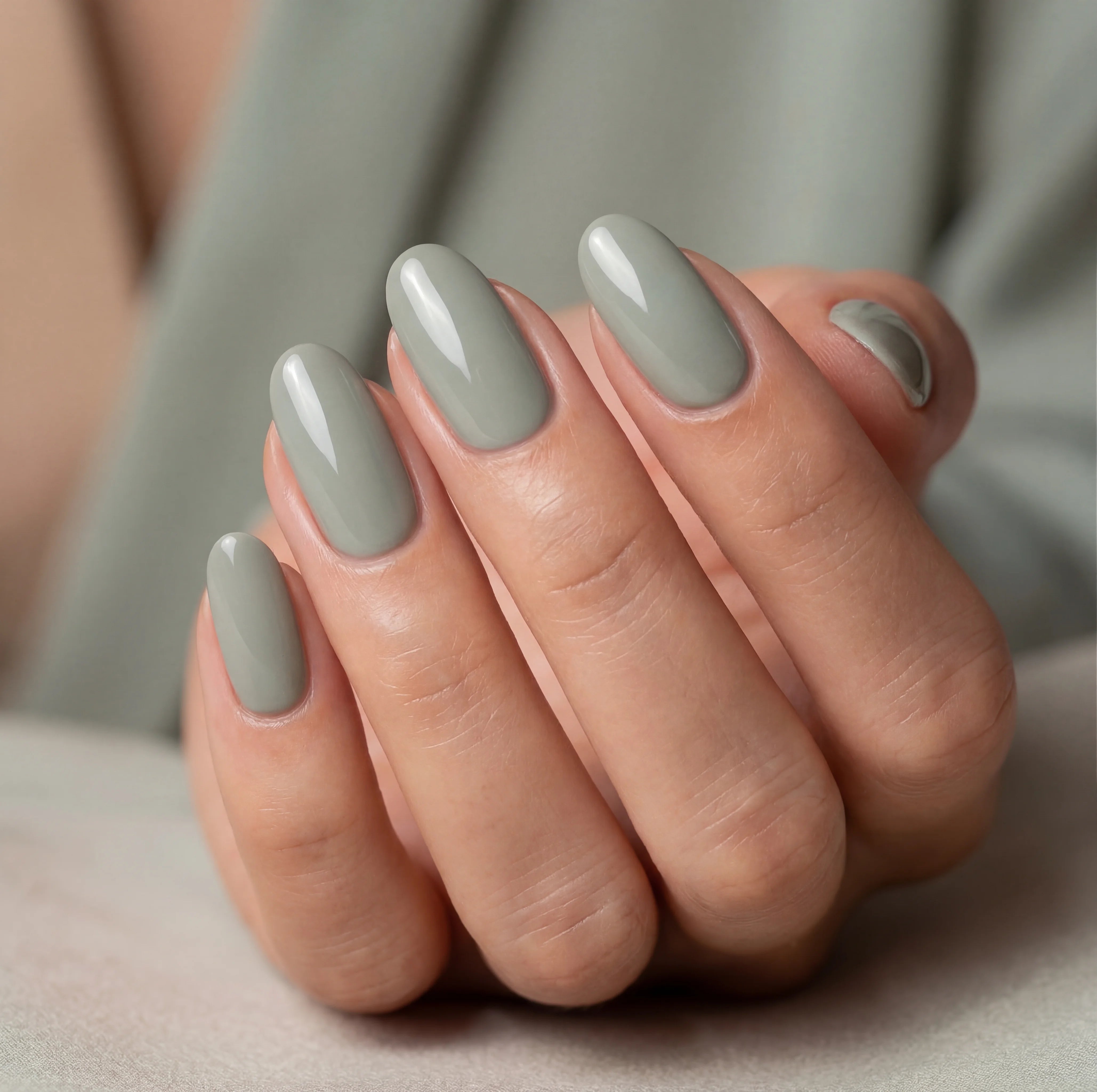 Hand with gray nail polish on a neutral background