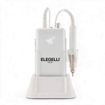 Elegelli professional cordless nail drill on its charging base, display showing 45,000 RPM, handpiece in its cradle