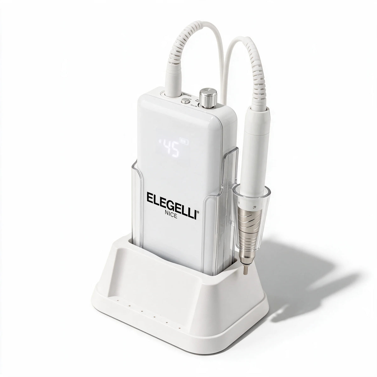 Elegelli Nice cordless nail drill from a three-quarter angle: white control unit, charging base and brushless handpiece