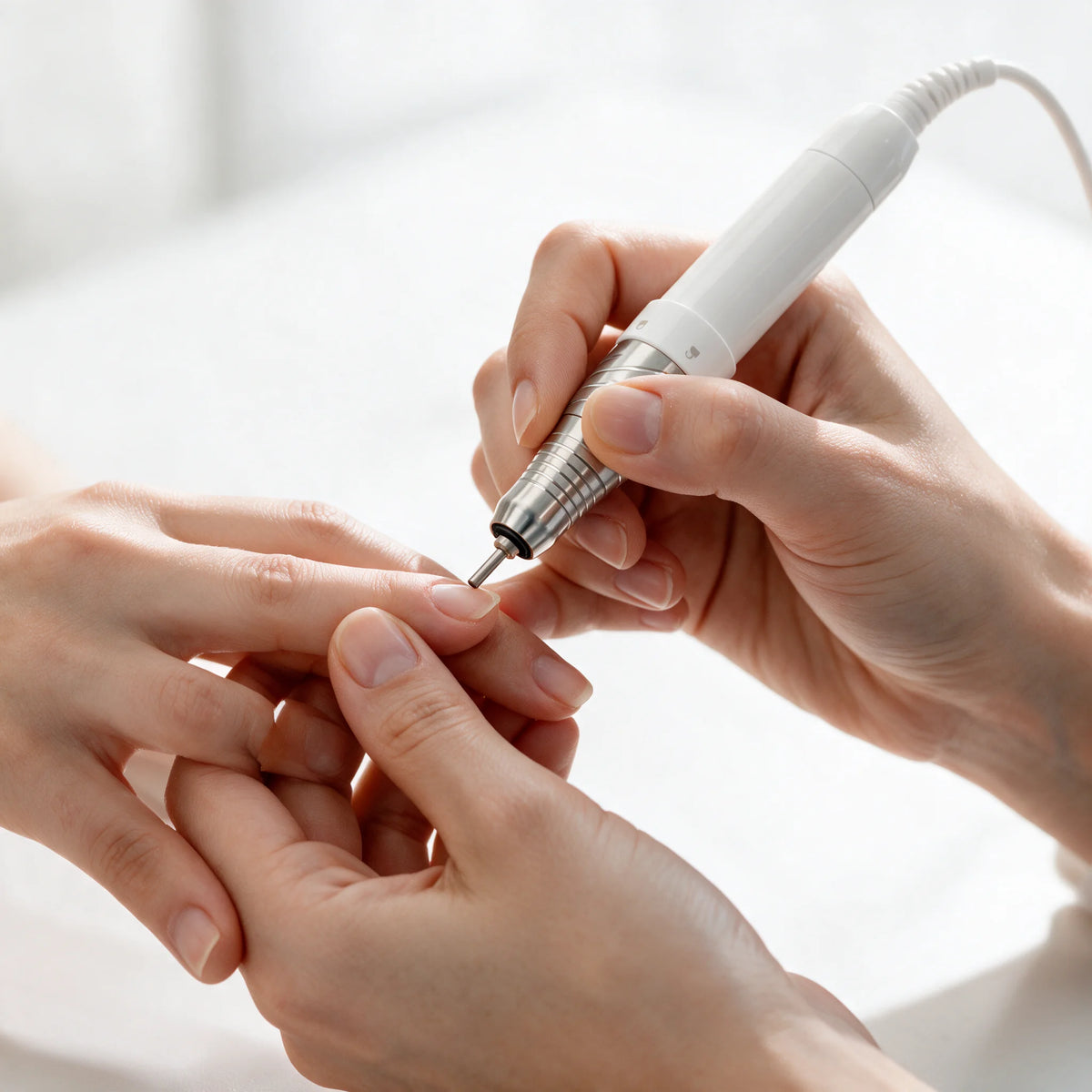 Nail technician prepping a client’s nail with the Elegelli Nice cordless nail drill e-file